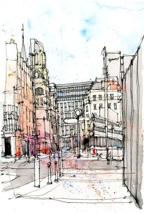 Peter Street, Manchester as drawn by Simone Ridyard of Urban Sketchers City Sketch, Draw People, Watercolor Architecture, Building Art, Urban Sketchers, Landscape Drawings, A Level Art, City Landscape, Urban Environment