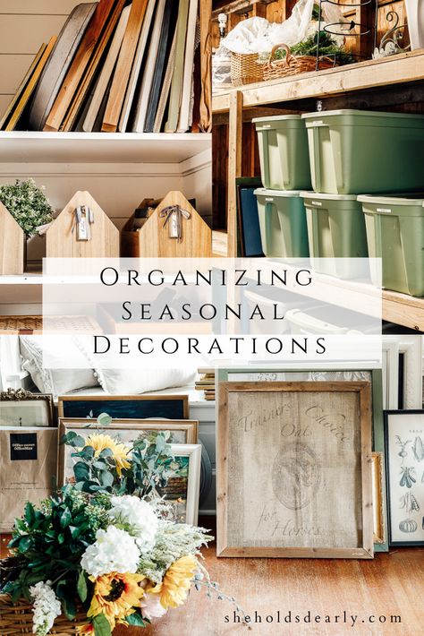 Organizing Seasonal Decor by sheholdsdearly.com Seasonal Storage Ideas, Vintage Organization, She Holds Dearly, Thrifting Tips, Attic Organization, Seasonal Wall Decor, Holiday Storage, Vintage Shelf, Organization Decor