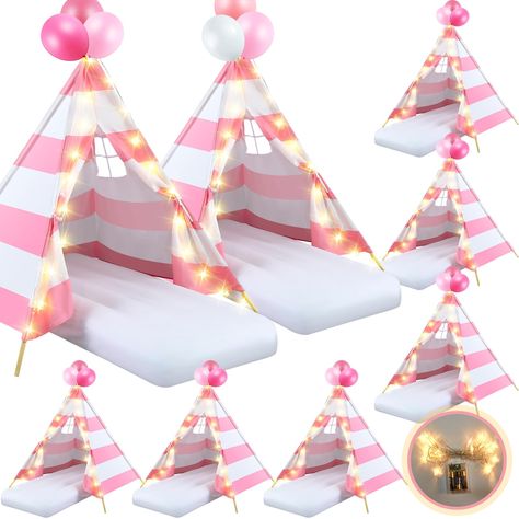 PRICES MAY VARY. 8 Pieces Kids' Teepee Tent: you will receive 8 white kids teepee tents, 8 strings of about 9.84 feet/ 3 meter star lights, 8 white air beds with a size of about 61.81 x 25.98 x 7.09 inches/ 157 x 66 x 18 cm, 8 pieces of white fitted sheets that fit perfectly on the air mattress; Together these will add fun to your child's sleepover party Simple Setup: each kids tent has 8 pine poles, you can assemble the pine poles through 4 connectors to form 4 long poles of about 1.6 meter/ 5. Mini Tents For Sleepovers, Diy Teepee Sleepover Party, Tents For Sleepovers, Sleepover Party Decorations, Teepee Tent Party, Kids Tents Indoor, Slumber Party Tents, Diy Bed Tent, Tent Beds