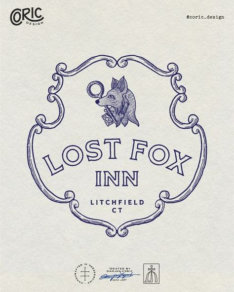 Damjan I Brand Identity on Instagram: "🏨 Brand design for a boutique inn and tavern in Litchfield, CT. The client envisioned a classic, almost historical design with a touch of whimsy. 🦊 I created an emblem logo that reinforces the brand name based around a fox holding a key in its mouth. To play up the brand’s heritage feel, the graphic is placed inside an antique, decorative frame. 🪶 The main typeface is a customized font inspired by geometric shapes, Romanesque typography and 19th-century ephemera. For the colors, we decided to keep things simple and sophisticated with a palette of dark blue and off-white. 🚀 Once the master logo was finalized, I developed a set of logo variations for use in different contexts, as well as 3 branded graphics, a brand pattern, and business station Antique Design Graphic, Historical Logo Design, Old Logo Design Vintage, Classical Logo Design, 18th Century Design, Crest Logo Design Modern, Logo Design Classic, Artisan Logo Design, Blue Brand Identity Design