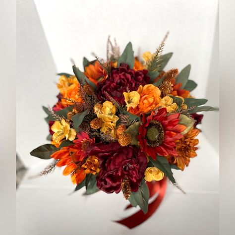 Professionally Made, Never Used Xl Wedding Bridal Bouquet With One Matching Pocket Square Boutonniere And One Wrist Corsage. Perfect For Small Ceremony Or Elopement. Fall Sunflower Wedding Bouquet, Marigold Bouquet Wedding, Burnt Orange Sage Green Wedding, Marigold Wedding Flowers, Fall Wedding Bouquets October, Wild Flower Bouquet Wedding, Bridesmaid Flower Bouquets, Fall Bridesmaid Bouquet, Halloween Wedding Bouquet