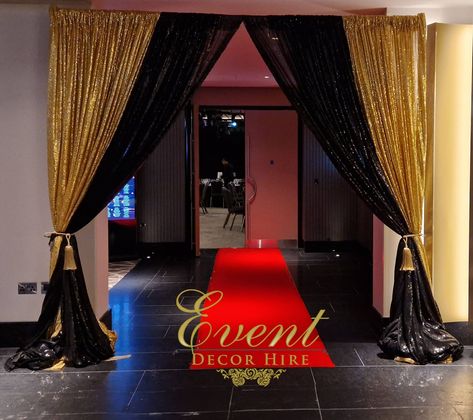 gold and black sequin entrance drape Gala Night Decoration Entrance, Red Carpet Entrance Events, Gatsby Entrance, Entrance Way Decor, Red Party Themes, White Blossom Tree, Flowers Mirror, Red Carpet Entrance, Gold Theme Party