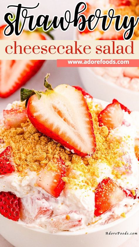 Looking for a crowd-pleasing strawberry dessert? This strawberry fluff salad will steal the show! Made with fluffy Cool Whip, tangy cream cheese, and juicy strawberries, it's a dreamy combination of flavors and textures. Try this refreshing treat today! Strawberry Fluff Salad Cool Whip, Deserts With Strawberries, Strawberry Cheesecake Fluff, Cheesecake Fluff Salad, Strawberry Fluff Salad, Fruit Salad With Cream, Strawberry Cheesecake Salad, Cheesecake Fluff, Cheesecake Fruit Salad