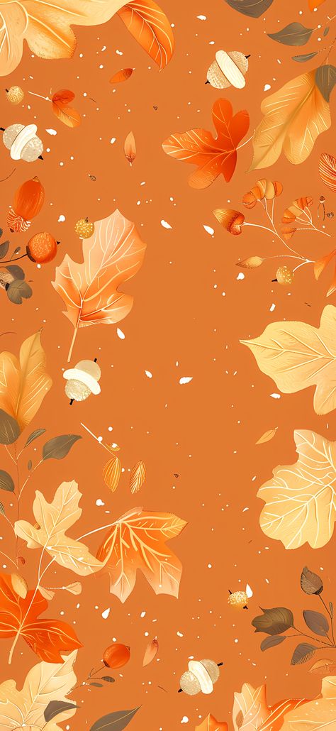 Autumn Whimsy iPhone Wallpaper 4k HD - A girly fall-themed wallpaper with illustrations of golden leaves and tiny acorns on a muted orange background for iPhone. 4k Fall Wallpaper, Fall Girly Wallpaper, Fall Wallpaper For Android, November 2024 Calendar Wallpaper, Halloween Phone Wallpapers, Fall Screensavers For Iphone, Autumn Cute Wallpaper, Fall Themed Backgrounds, Fall Iphone Wallpaper Rustic