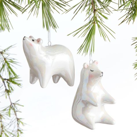 Iridescent Ceramic Polar Bear Ornaments Set Of 2 - World Market Iridescent Ceramic, Bear Ornaments, Woodland Christmas Tree, Bear Ceramic, Polar Bear Ornaments, Green Vans, Noel Diy, Falls Church, Woodland Christmas