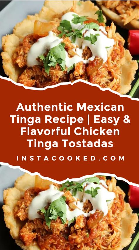 Discover the rich flavors of this authentic Mexican Tinga recipe. Tender shredded chicken simmered in a spicy tomato-chipotle sauce, served on crispy tostada shells. Perfect for feeding a crowd! Tinga Sauce Recipe, Chicken Tostadas Mexican, Authentic Chicken Tinga Recipe, Authentic Chicken Tinga, Mexican Tinga, Chicken Tinga Tostadas, Tinga Tostadas, Tostada Shells, Tinga Recipe