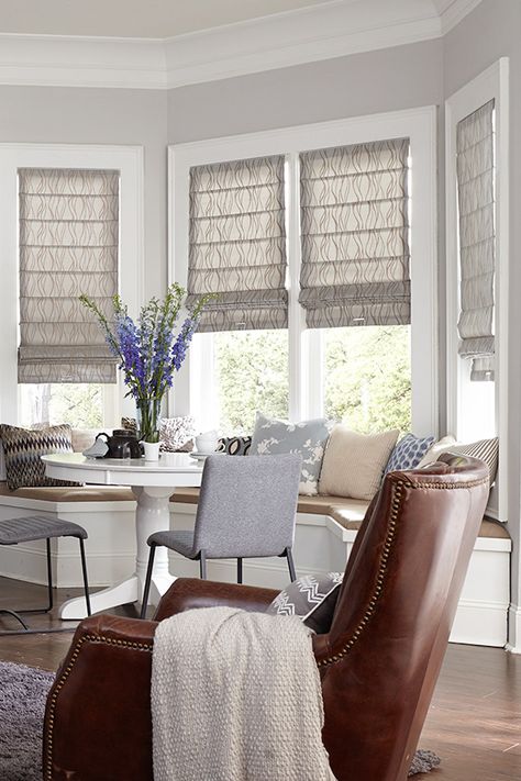 Bay windows are beautiful, but it can be tough to find blinds or window coverings ideas for them. Here's the Blinds.com guide to bay window blinds ideas. Bay Window Blinds, Bay Window Design, Kitchen Window Coverings, Bay Window Treatments, Bay Window Living Room, Kitchen Bay Window, Bay Window Curtains, Window Curtains Bedroom, Modern Blinds