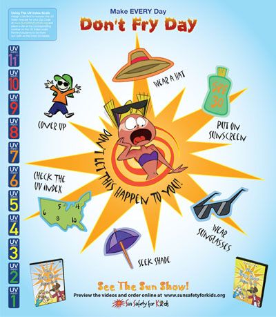 Don't Fry Day by sunsafetyforkids.org: A great resource for sun protection guidelines.  #Sun_Protection #Kids #sunsafetyforkids_org Sun Safety Activities, Colourful Characters, Safety Activities, Fry Day, Camping First Aid Kit, Summer Safety, School Nursing, Sun Safety, Health Fair