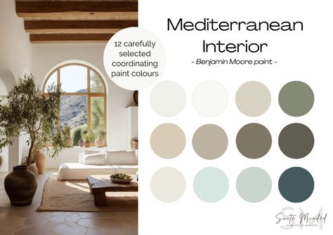 A Mediterranean interior exudes calm and serenity. It uses organic materials and textures and natural hues to create an atmosphere prone to relaxation, with subtle touches of brighter colours. Are you considering transforming your home into a Mediterranean haven but not sure what colours to consider? Discover 12 colours that work beautifully to create your dream home. This comprehensive, expertly put together, and budget-friendly paint palette will give your house the perfect modern farmhouse st Mediterranean Colour Palette, Mediterranean Paint Colors, Airbnb Startup, Scandinavian Interior Color Palette, Mediterranean Modern Interior, Benjamin Moore Neutral Paint Colors, Mediterranean Color Scheme, Interior Colour Palette, Mediterranean Colours