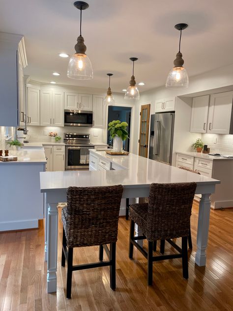 Concrete And Butcher Block Kitchen, Island In Front Of Doorway, Narrow Kitchen Seating Ideas, Bar Space In Kitchen, Open Kitchen Peninsula, Island In Living Room, Angled Island Kitchen, L Shaped Kitchen Island With Seating, L Shape Island