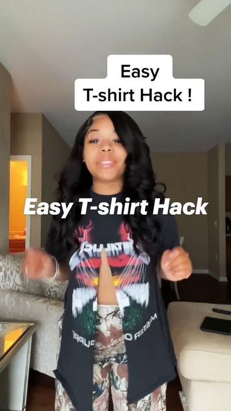 Easy T-shirt Hack | Pinterest Home Dinner Outfit Casual, Diy Big Shirt Ideas, Ways To Tie Up A Big Shirt, Baddie Tshirt Outfits, Outfits With Black Shirts Women, Daytime Date Outfit Fall, Couple Birthday Outfit Ideas, How To Make A Big T Shirt Look Cute, T Shirt Outfit Black Woman