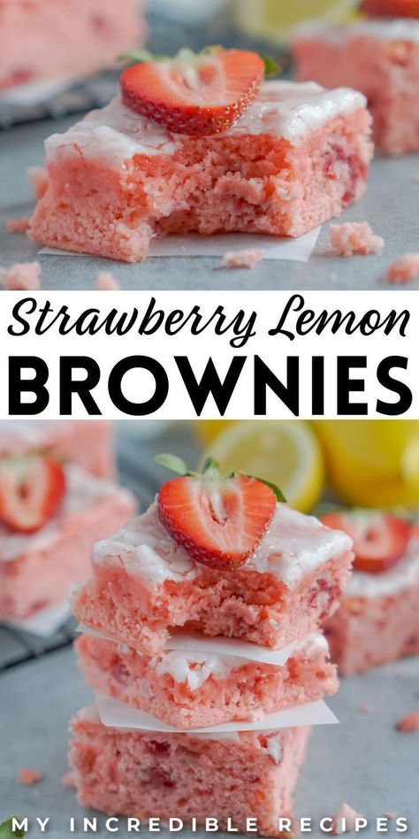 These strawberry lemon brownies are the best balance between sweet and sour. These brownies are the perfect Easter dessert that incorporates lemons and strawberries into one delicious bite. These unique brownies are topped off with a lemon glaze that's so easy to make. Try these flavorful brownies today! Strawberry Lemon Brownies, Unique Brownies, Strawberry Lemon Bars, Strawberry Cake Mix Cookies, Lemon Brownies, Ceramic Baking Dish, Delicious Brownies, Lemon Glaze, Strawberry Lemon