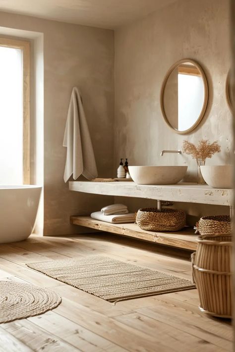 Elegant Japandi Bathroom Design Ideas for a Serene Space | VIVA Bathroom Japandi Style, Scandinavian Style Bathroom, Japandi Style Bathroom, Japandi Bathroom Ideas, Elegant Japandi, Organic Bathroom Design, Natural Bathroom Design, Japandi Style Interior Design, Spa Inspired Bathroom Decor