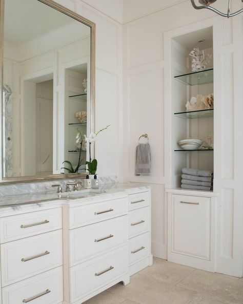 Stress free zone #llrstyle #myhousebeautiful #luxuryhome #freshdesign #timelessdesign #tastefuldesign #interiordesign #interiorinspo… | Instagram Vanity With Linen Cabinet, Master Bath Renovation, Dallas Interior Design, Spa Shower, Linen Cabinet, Tall Cabinet, Bathroom Spa, Fresh Design, White Bathroom