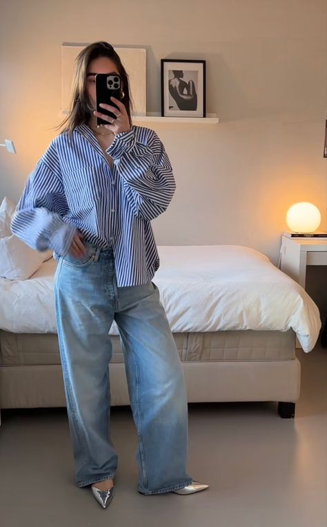 Outfit With Blouse And Jeans, French Tuck Outfit, Oversized Button Up Shirt Outfit Jeans, Public Relations Outfit, Summer Outfits With Long Sleeves, Spring Happy Hour Outfit, Lines Shirt Outfit, Men Shirt Outfit Women, Dermatologist Outfit