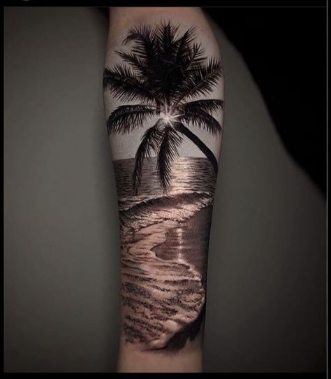 Strand Tattoo, Beach Inspired Tattoos, Tattoos Illustration, Tattoo Beach, Beachy Tattoos, Tropical Tattoo, Florida Tattoos, Sunset Tattoos, Palm Tattoos