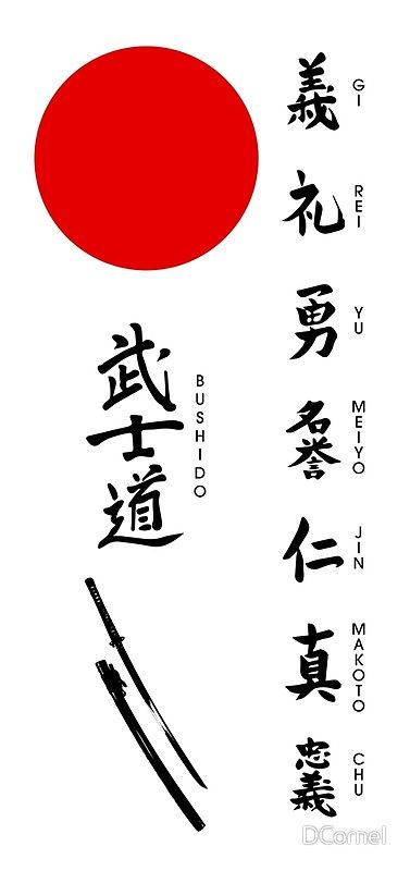 Bushido Kanji y las 7 virtudes de Bushido • Buy this artwork on apparel, stickers, phone cases y more. 7 Virtues Of Bushido, Virtues Of Bushido, The 7 Virtues, Bushido Tattoo, Papan Tulis Kapur, 7 Virtues, Bushido Code, Guerriero Samurai, Japanese Sun