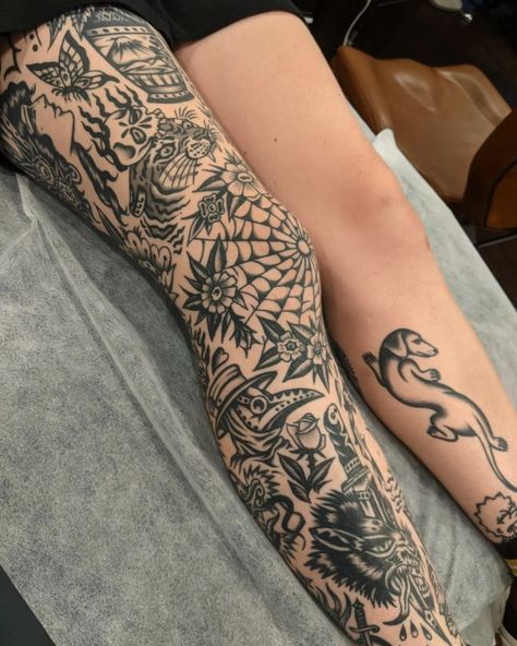 American Traditional Shin Tattoo, Traditional Shin Tattoo, Traditional Tattoo Leg Sleeve, Traditional Sleeves, Traditional Tattoo Black And White, Traditional Black Tattoo, Shin Tattoo, Traditional Tattoo Inspiration, Full Leg Tattoos