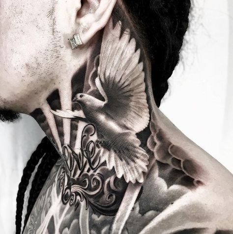 Love and a Dove Tattoo Kneck Tattoos, Dove Neck Tattoo, Back Of Neck Tattoo Men, Hals Tattoo Mann, Shen Long Tattoo, Front Neck Tattoo, Full Neck Tattoos, Sky Tattoo, Sky Tattoos