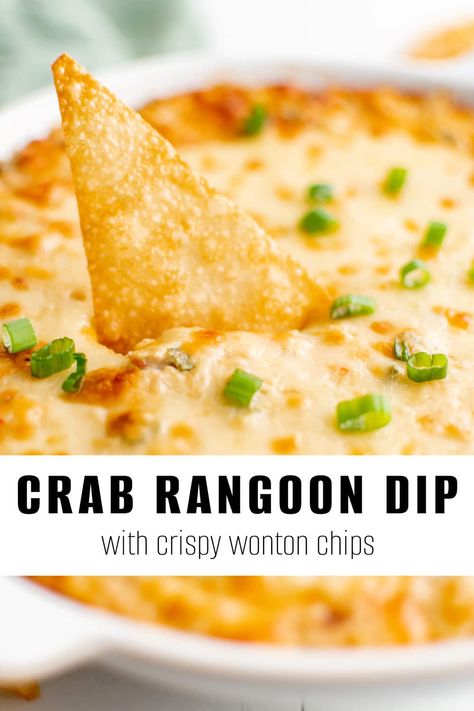 Crab Rangoon Dip with crispy wonton chips is the perfect party, potluck, or gameday appetizer. Creamy, cheesy, and packed with crab, this hot crab dip tastes just like your favorite Chinese restaurant but is so much easier to make! Fried Wonton Chips, Sunday Snacks, Fried Wonton, Rangoon Dip, Crab Rangoon Dip, Wonton Chips, Hot Crab Dip, Easy Foods, Crab Rangoon