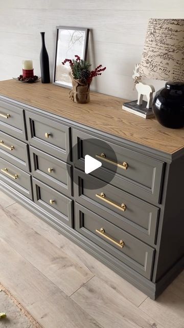 enlivenfurnishings on December 20, 2022: "Beautiful Strathroy dresser updated with some new hardware, paint and exposed wood on top 😍 Paint: Oakham by @fusionmineralpaint #..." Taupe Dresser Painted Furniture, Paint Colors For Dressers, Cherry Furniture Makeover, Refinish Dresser, Painted Dresser Ideas, Upcycled Dressers, Two Tone Furniture, Suite Decor, Chest Of Drawers Makeover