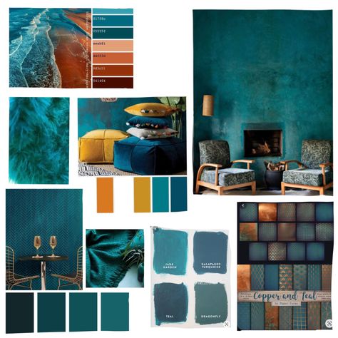 Blue Living Room With Plants, Teal And Gold Interior, Teal Colour Palette Bedroom, Teal Copper Living Room, Teal Living Room Color Scheme, Teal And Gold Living Room, Teal And Copper Bedroom, Teal And Gold Bedroom, Aqua Living Room