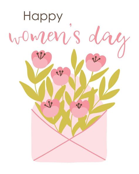 Postcard Happy Womens Day. Vector illustration. Flat hand drawn style. Spring card with envelope and flowers. Cute poster for Womens Day. Happy Women's Day Card, Women's Day Cards, Happy Womens, Happy Woman Day, Illustration Flat, Flowers Cute, Good Day Quotes, Card Drawing, Spring Cards