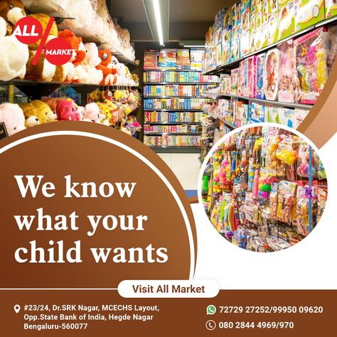 Unbox the kid's happiness with the latest toys collection. We have a wide collection of soft toys, electronic toys items, & many attractive & fancy kids for all aged children. Visit now & don't forget to bring your kid to All Market. #toys #kidstoys 3childrenchoice #softtoys #electronictoys #stationeryitems #homeessentials #kitchenware #dailyproducts #dairyproducts #dailyfoodneeds #energydrinks #staysafe #homedelivery #allmarkethyper #allmarket #supermarket #hypermarket #HegdeNagar #DrSRKNagar Store Poster, Super Market, Toys Collection, Dental Cleaning, Poster Ideas, Childrens Toy, Toys For Kids, Soft Toys, Stationery Items