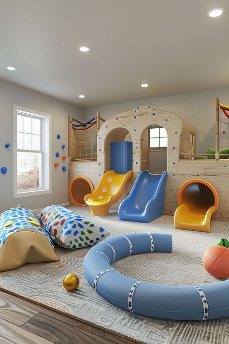 Indoor Toddler Playground, Playground Basement, Playroom Design Indoor Playground, Active Playroom Ideas, Active Playroom, Creative Playroom Ideas, Toddler Indoor Playground, Playroom Ideas For Kids, Sunroom Playroom