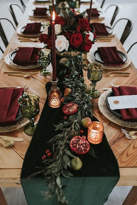 Moody Winter Tablescape, Elegant Black Table Setting, Dark Christmas Tablescape, Burgundy And Gold Wedding Reception Wedding Table Decor, Pomegranate Table Setting, Dark Romantic Bridal Shower Ideas, Moulin Rouge Table Decor, Emerald Plum And Burgundy Wedding, Holiday Party Table Decor Centerpiece Ideas