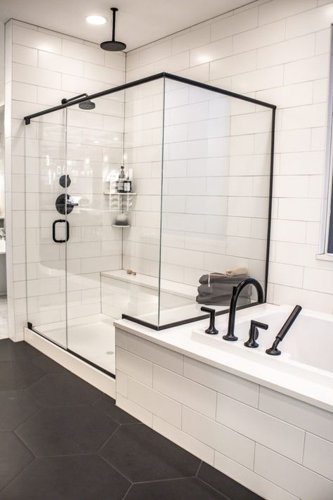 Bathroom Remodel With Black Floor, Bathroom Ideas Black Floor Tiles, Subway Tile Shower Hexagon Floor, Bathroom Remodel Black Hexagon Tile, Subway Tile Shower And Tub, Bathroom Floor Tile With Subway Tile Walls, Tiled Shower And Tub Ideas, White Glass Subway Tile Shower Ideas, Black Accent Tile Bathroom