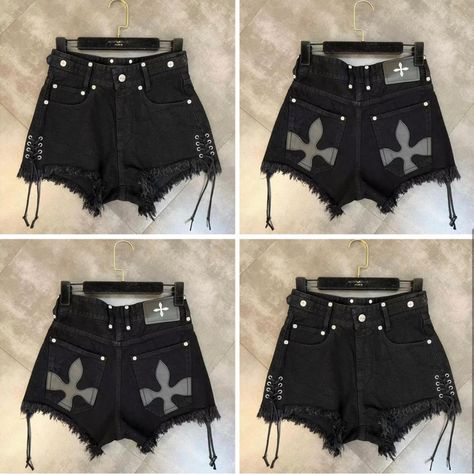 Short Shorts With Stringed Sides Biopunk Fashion, Crust Shorts, Tripp Shorts, Emo Shorts, Goth Shorts, Lace Jean Shorts, Gothic Shorts, Punk Shorts, Cute Outfits With Shorts