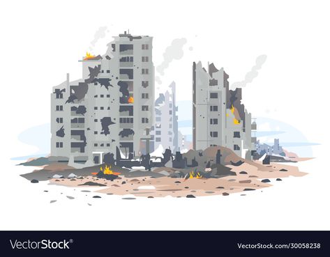 Destroyed Buildings Art, Ruined Buildings Drawing, Destroyed Building Drawing, Destroyed City Drawing, Ruin Building, Birds Eye View City, Ruined Buildings, Refugees Art, Residential Neighborhood