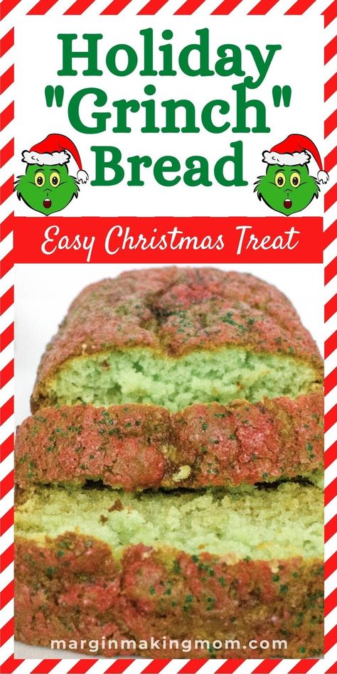 Holiday Baked Breads, Grinch Recipes Desserts, Green Christmas Food Ideas, Pistachio Christmas Cake, Grinch Bread Loaf, Christmas Dessert Bread, Grinch Cake Mix Cookies, Easy Christmas Bread, Easy Christmas Bread Recipes