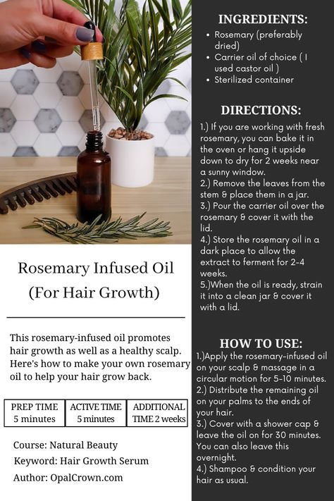 How To Make Rosemary Infused Oil (For Hair Growth + How To Use It) - Opal Crown Rosemary Infused Oil, Almond Oil Hair, Rosemary For Hair Growth, Rosemary For Hair, Hair Grow Oil, Hair Oil Recipe, Rosemary Hair Growth, Herbs For Hair, Rosemary Oil For Hair