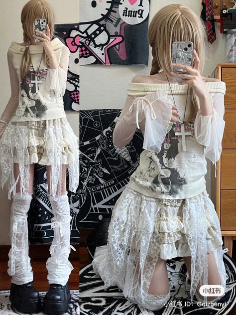 White New Rock Shoes Outfit, All White Alt Outfit, White Alternative Outfit, White Alt Outfit, White Goth Outfit, Cybergoth Outfits, Oc Dress, New Rock, Alt Fashion