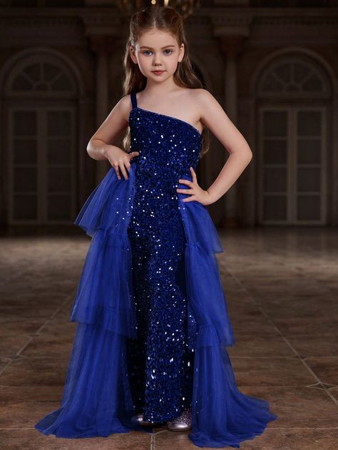 Royal Blue Party Collar Sleeveless Sequins Plain  Embellished Slight Stretch  Tween Girls Clothing Prom Dresses Kids, Prom Dresses For Kids, Birthday Dresses For Girls, Kiara Dress, Royal Blue Party, Royal Blue Gown, Wedding Dresses For Kids, Colorful Dresses Formal, Shimmery Dress