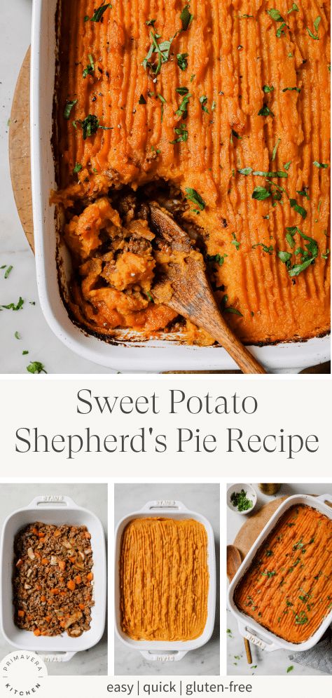 This Sweet Potato Shepherd’s Pie is a healthy spin on a classic recipe. It features hearty ground beef, fresh veggies, and a savory tomato sauce, all topped with mashed sweet potatoes. It’s the ultimate comfort food that's ready in no time! Sweet Potato Toppings, Gluten Free Kitchen, Yummy Sweet Potatoes, Shepherds Pie Recipe, Fall Recipes Healthy, Winter Dinner Recipes, Dinner With Ground Beef, Big Meals, Mashed Sweet Potatoes