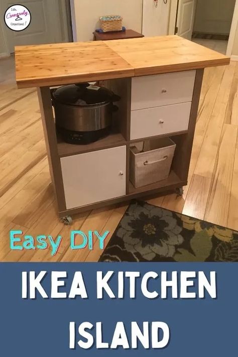 Does your kitchen desperately need more counter and storage space? Here is how to build an easy DIY Ikea kitchen island in an afternoon! Diy Ikea Kitchen, Rolling Island, Ikea Kallax Shelving, Simple Dresser, Ikea Kitchen Island, Rolling Kitchen Island, Toy Room, Diy Kitchen Storage, Diy Ikea