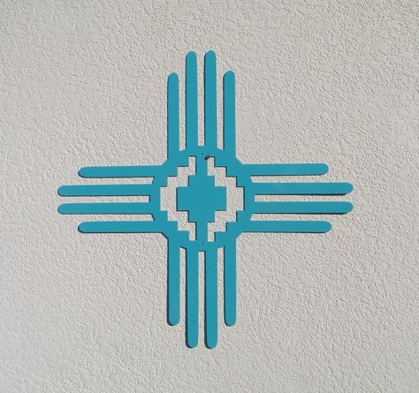 "A New Mexico Zia sun symbol to hang indoors or out. You can order in various powder coat colors. Shown in turquoise powder coat. Made from 16 gauge metal. Size is 18\" by 18\", 24\"x 24\", 32\" x 32\". This has 2 small holes for hanging. A perfect gift for the sun lover. Crafted in the USA." New Mexico Symbols, Mexico Symbols, Zia Sun Symbol, Southwestern Aesthetic, Sun Symbol, Vase Crafts, Powder Coat Colors, Southwestern Design, Native Design