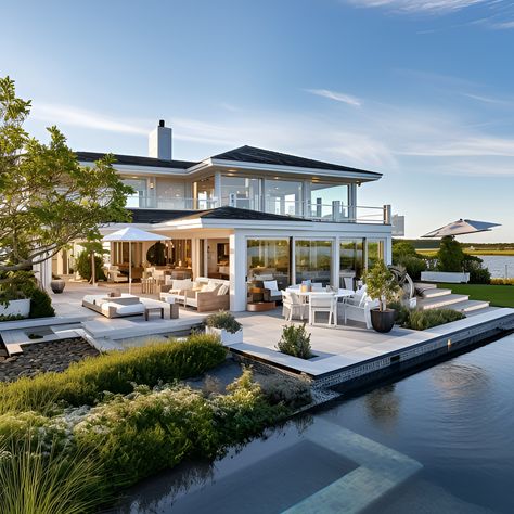 Modern Beach Mansion Exterior, Big Beach Mansion, Landscape Ideas Beach House, Homes On The Water, Water Front Home, Luxury Beach House Aesthetic, Big Beach House Exterior, Fancy Beach House, Luxury Beach House Exterior