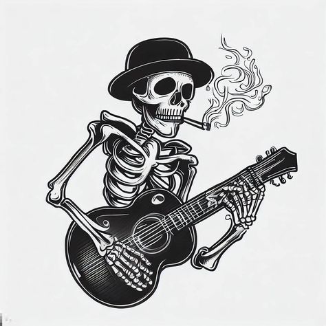 Skeleton Tattoo Man, Music Guitar Tattoo, Beer Tattoos, Guitar Tattoo Design, Cowboy Tattoos, Minimalist Tattoo Ideas, Skeleton Tattoo, Mexican Art Tattoos, Rock Tattoo