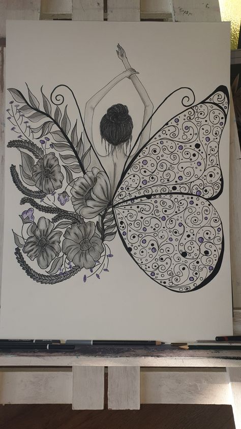 A commission Contact me via email or DM to order your own special art piece. The butterfly is one of nature’s most perfect examples of change, transformation, and growth. Because of this, it has long been the subject of magical folklore and legend in a variety of societies and cultures. Butterfly Transformation Drawing, Butterfly Growth Drawing, Growth Drawing Inspiration, Human Butterfly Drawing, Transformation Art Ideas, Butterfly Transformation Tattoo, Butterfly Woman Art, Ballet Baby Girl, Transcendental Art