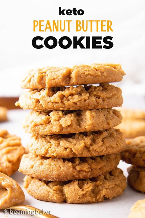 An easy recipe for Keto Peanut Butter Cookies with crisp edges, sweet peanut butter flavor, and just 2 Net Carbs! | Recipe at BeamingBaker.com Low Carb Peanut Butter Cookies, Breakfast Baking, Peanut Butter Dessert Recipes, Peanut Butter Dip, Keto Peanut Butter Cookies, Peanut Cookies, Keto Granola, Keto Baking, Clean Keto