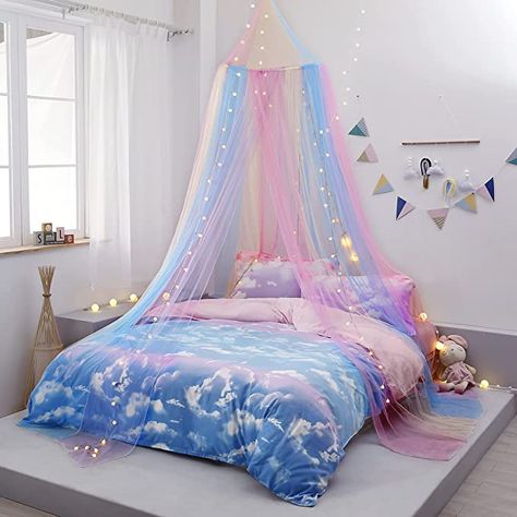 Bedroom Reading Corner, Bed Canopy With Lights, Rainbow Bed, Girls Princess Room, Girls Canopy, Girls Bed Canopy, Princess Canopy Bed, Bed Net, Rainbow Room