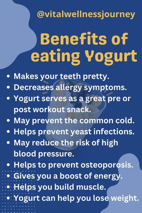 Top Benefits of Eating Yogurt #vitalwellnessjourney #fitness #wellness #wellnesstips #healthyfood #yogurtforahealthylife #benefitsofeatingyogurt #healthbenefitsofyogurt #benefitsofyogurt #benefitsofyogurtinthemorning #yogurtbenefits #yogurt Benefits Of Yogurt, Yogurt Health Benefits, Yogurt Benefits, Post Workout Snacks, Allergy Symptoms, Common Cold, Wellness Tips, Blood Pressure, Build Muscle