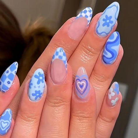 This Item Is A Pack Of 24 Press On Nails. These Nails Are Light Blue And White. They Do Have A Heart And Wave Design. Brand New! Swim Team Nails, Beach Gel Nails Summer, Cute Nails Baby Blue, Everyday Acrylic Nails, Groovy Summer Nails, Preppy Nails Blue, Nail Ideas Almond Short, Non Acrylic Nail Ideas, Long Nails For Kids