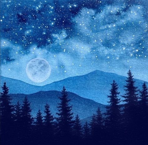 Night Sky Marker Drawing, Watercolor Night Painting, Night Time Watercolor, Night Sky Drawing Easy, Midnight Sky Painting, Moon And Stars Watercolor, Night Scenery Drawing, Night Sky Drawing, Watercolor Night Sky