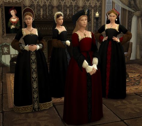 Sims 4 Tudor Cc, Sims 4 Medieval Cc, Sims 4 Medieval, Tudor Gown, Sims 4 Hair Male, Tudor Court, Fur Sleeves, Sims 4 Decades Challenge, Tudor Dress