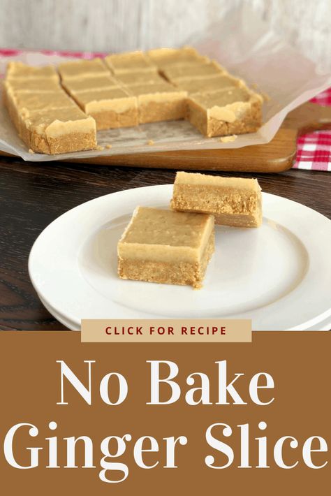 Absolutely delicious no bake ginger slice, so easy to make using simple ingredients, the best recipe Ginger Crunch Slice, Easy Slice Recipes Simple, Ginger Slice Recipe, Quick And Easy Slices, Ginger Fudge, Ginger Dessert, Ginger Crunch, Ginger Nut Biscuits, Rich Tea Biscuits